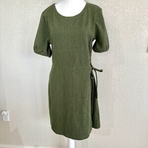 Madewell Sz Medium Olive Green Boho Tie Waist Wrap Crosshatch Mini Farm Dress